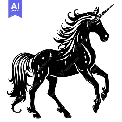 Aset premium populer: Black and White Silhouette of a Unicorn with a Horn and a Long Tail
