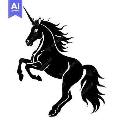 Aset desain premium: Black and White Silhouette of a Unicorn Rearing Up
