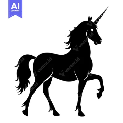 Aset desain premium: Black Silhouette of a Unicorn Standing with One Leg Raised