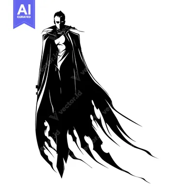 Aset desain premium: Silhouette of a Man in a Long Cloak with a Flowing Cape
