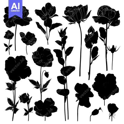 Aset desain premium: Black and White Silhouettes of Roses and Buds
