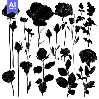 Aset premium populer: Black and White Silhouettes of Various Flower Buds and Blooms