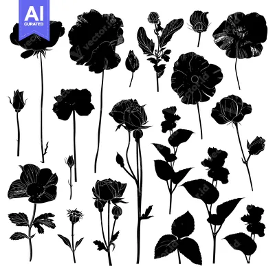 Aset premium populer: Black and White Silhouettes of Various Flowers and Buds