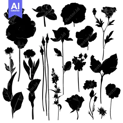 Premium design asset: Black and White Silhouettes of Various Flowers and Buds