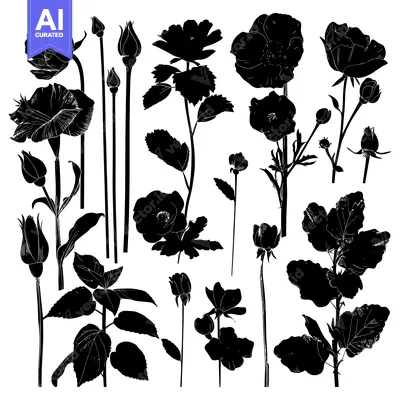 Aset premium populer: Black and White Silhouettes of Various Flowers and Buds