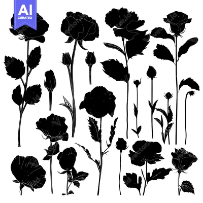 Aset desain premium: A Collection of Black Rose Silhouettes in Various Stages of Bloom