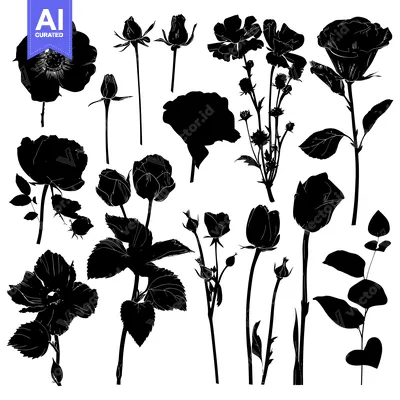 Aset premium populer: A Collection of Silhouettes of Roses and Buds