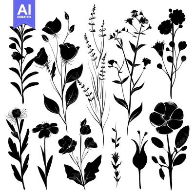 Premium design asset: Black Silhouettes of Various Flowers and Foliage
