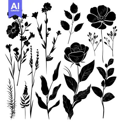 Premium design asset: Black Silhouettes of Various Flowers and Leaves