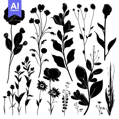 Aset desain premium: Silhouettes of Various Black and White Wildflowers