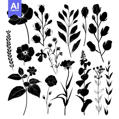 Aset desain premium: Black and White Silhouettes of Various Wildflowers and Foliage