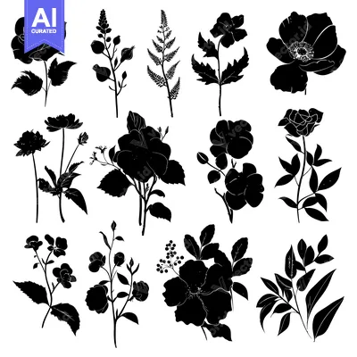 Aset premium populer: Black and White Silhouettes of Various Flowers and Foliage