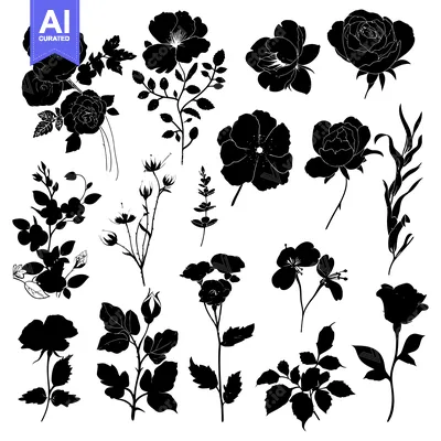 Aset desain premium: A Collection of Black Silhouettes of Roses and Other Flowers