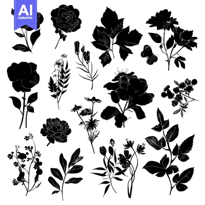 Aset desain premium: Black and White Silhouettes of Various Flowers and Leaves