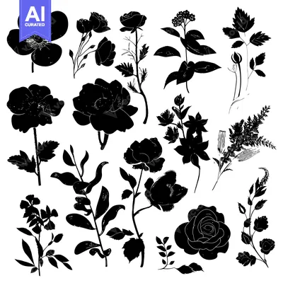 Aset premium populer: Black and White Silhouettes of Various Flowers and Plants