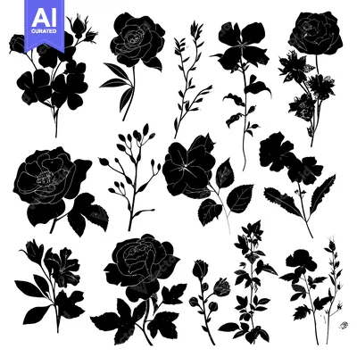Aset premium populer: Black and White Floral Silhouettes with Roses and Buds