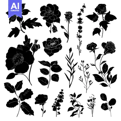 Aset desain premium: A Collection of Black and White Floral Silhouettes