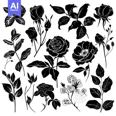 Aset premium populer: Black and White Silhouettes of Rose Flowers and Foliage