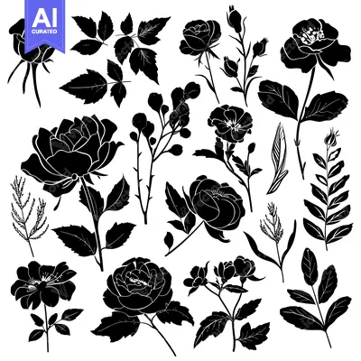 Aset premium populer: Black and White Silhouette of Roses and Foliage