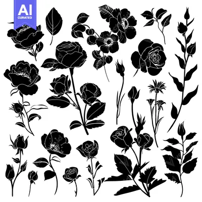 Popular premium asset: A Collection of Black Silhouettes of Roses and Buds
