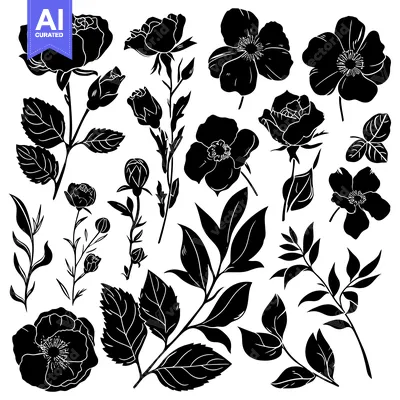 Aset premium populer: Black and White Floral Silhouettes with Roses and Leaves