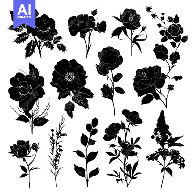 Aset desain premium: Black Silhouettes of Various Flowers and Foliage