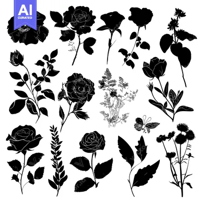Popular premium asset: Black and White Silhouettes of Various Flowers and Plants