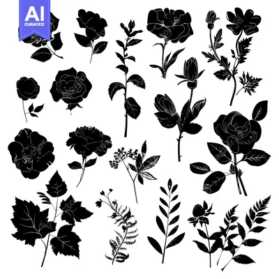 Aset premium populer: Black and White Silhouettes of Various Flower and Plant Species