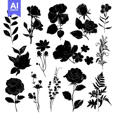 Aset premium populer: Collection of Black Floral Silhouettes with Roses and Other Flowers