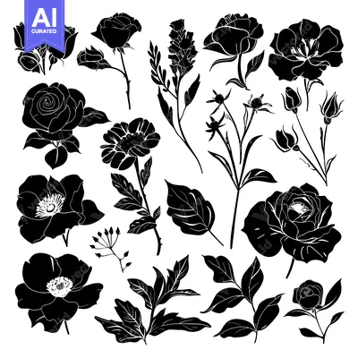 Aset premium populer: A Collection of Black Silhouettes of Various Flowers and Leaves