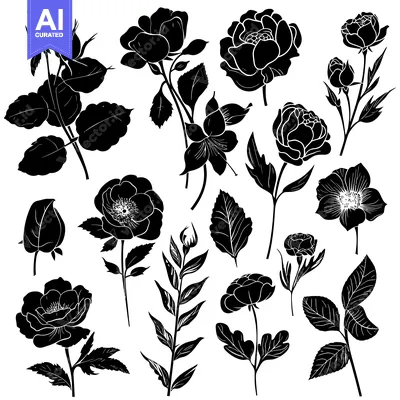 Aset premium populer: Black and White Silhouettes of Various Flowers and Leaves