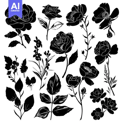 Premium design asset: Black and White Silhouettes of Roses and Other Flowers