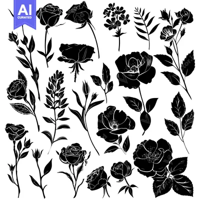 Aset desain premium: Black Silhouettes of Roses and Other Flowers