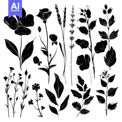 Popular premium asset: Black Silhouettes of Various Flowers, Leaves, and Stems