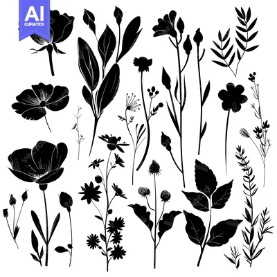 Premium design asset: Black Silhouettes of Various Flowers and Leaves