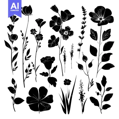 Premium design asset: Black and White Silhouette of Various Flowers and Leaves