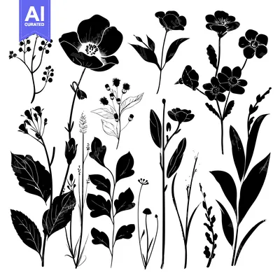 Silhouette Collection of Wildflowers and Foliage