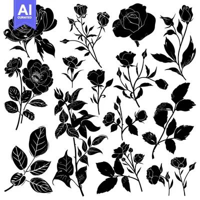Aset desain premium: Black and White Rose Silhouettes with Stems and Leaves