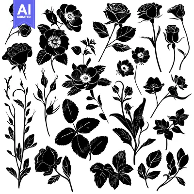 Aset desain premium: A Collection of Black and White Rose Silhouettes