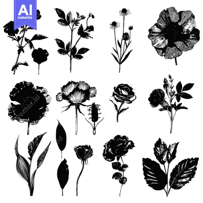 Aset desain premium: Black and White Silhouettes of Various Flowers and Foliage