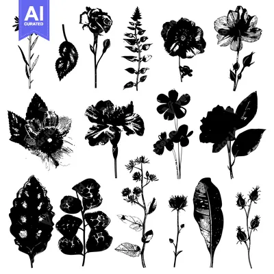 Popular premium asset: Collection of Black and White Floral Silhouettes