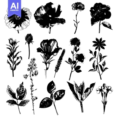 Premium design asset: Black and White Silhouettes of Various Flowers and Foliage