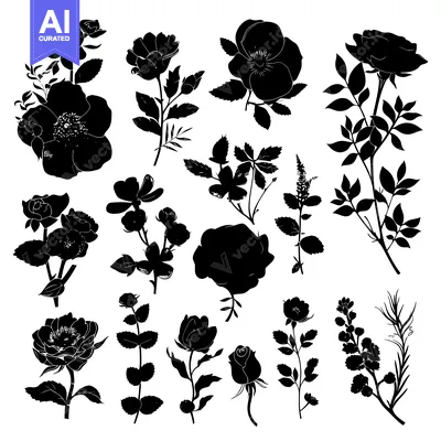 Aset desain premium: Black and White Silhouettes of Various Roses and Blossoms