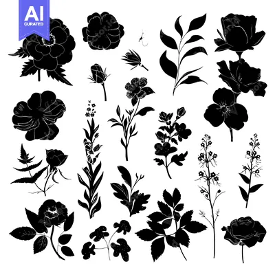 Popular premium asset: Black and White Silhouettes of Various Flowers and Foliage