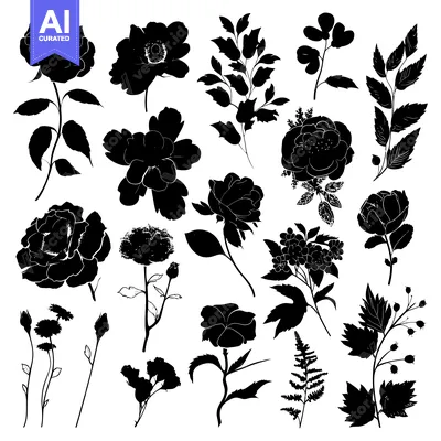Aset premium populer: Black and White Silhouettes of Various Flowers and Leaves
