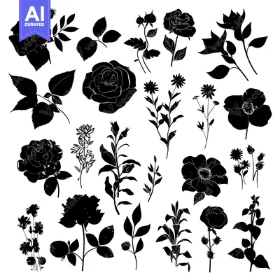 Aset premium populer: Collection of Black Silhouettes of Flowers and Buds