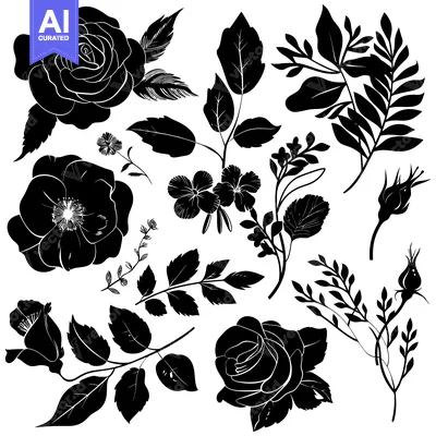 Aset desain premium: A Collection of Black and White Floral Silhouettes
