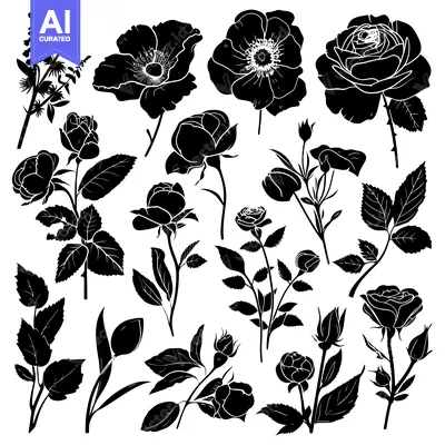 Aset premium populer: Black and White Floral Silhouettes of Roses, Poppies, and Other Flower
