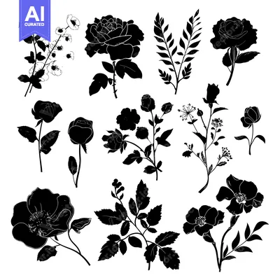 Aset premium populer: A Collection of Black and White Silhouettes of Various Roses and Flowe