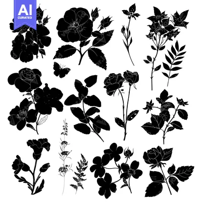 Premium design asset: Black and White Silhouettes of Wild Roses and Botanical Elements